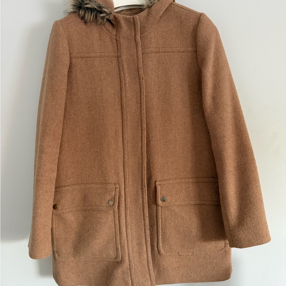 J. Crew Tan Pea Coat with Faux Fur Hood